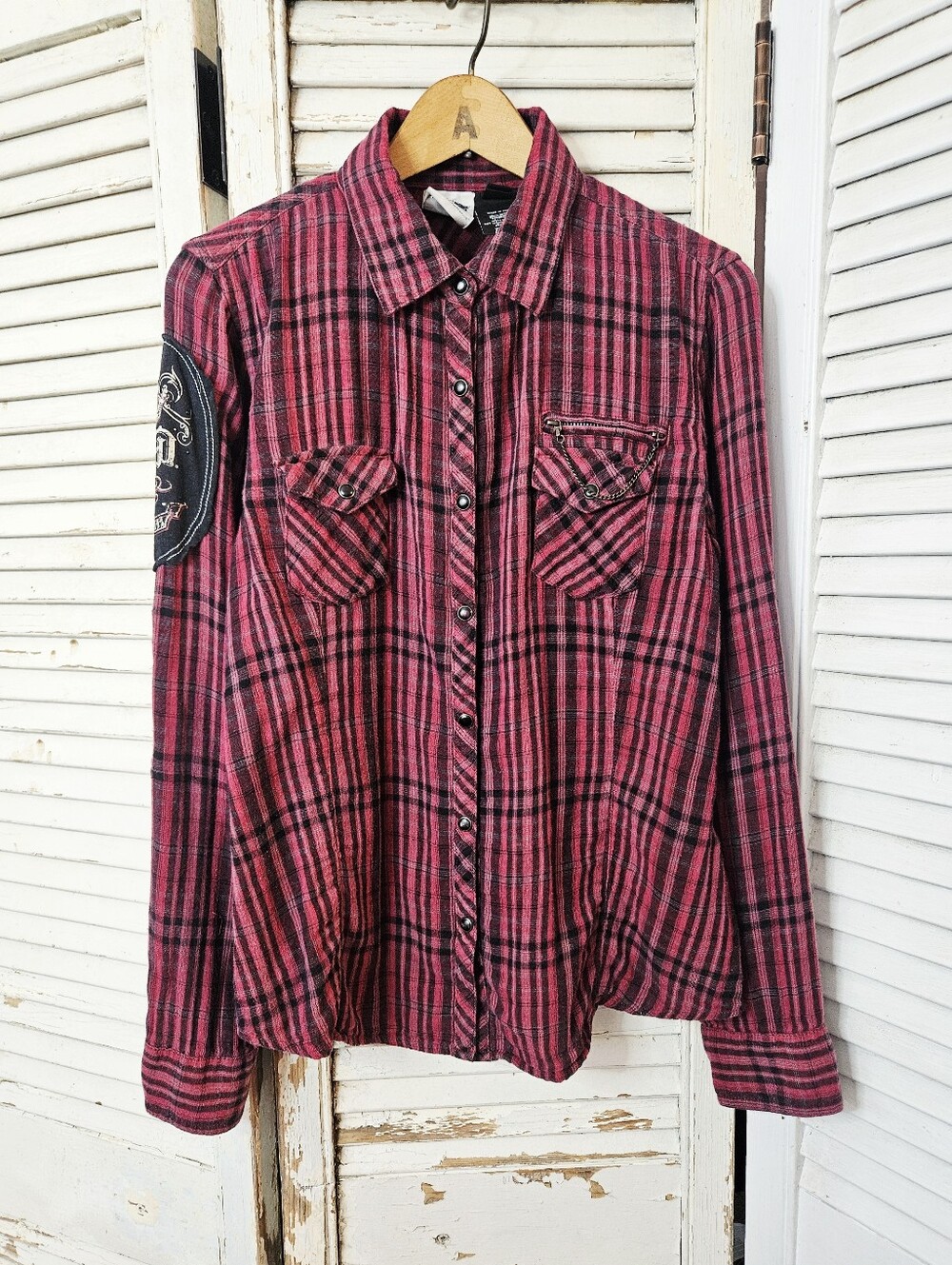 Vintage Y2K Harley-Davidson Gauze Cotton Red Plaid Snap Front Shirt Medium
